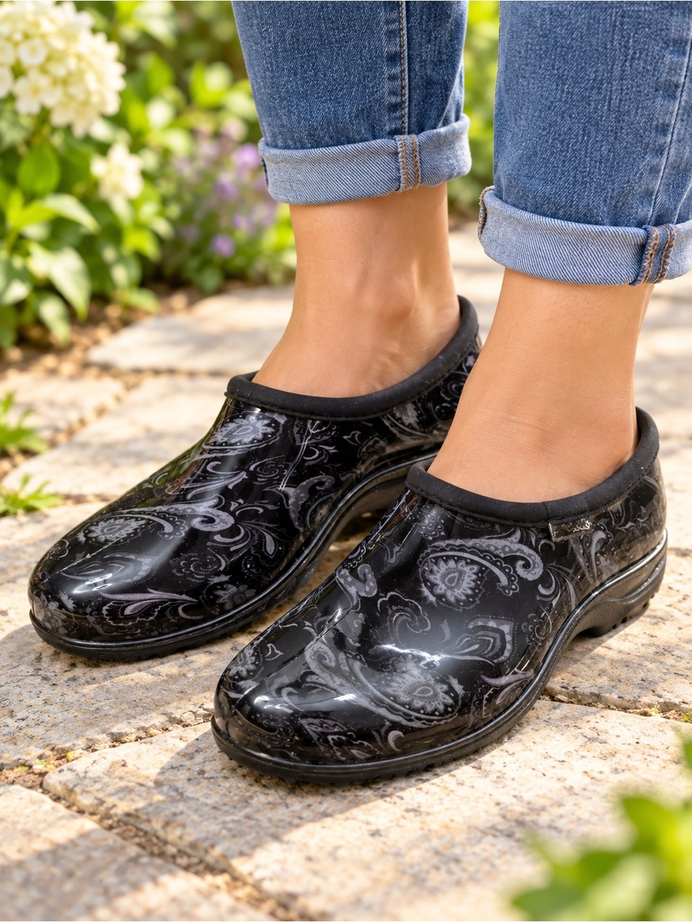 Sloggers Women’s Black Gray Paisley Waterproof Garden Rain Shoes Size 10